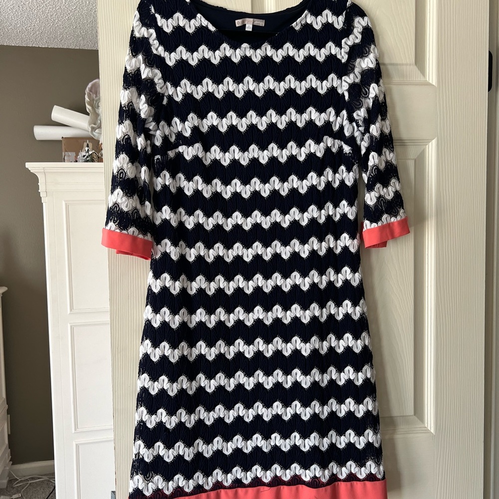 Navy and White Wave Pattern Dress with Coral Accents